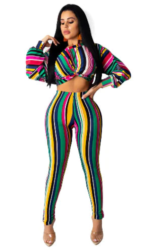 Style Loft Collection Bahama Bombshell Striped Long Crop Top and Leggings Two-Piece Set