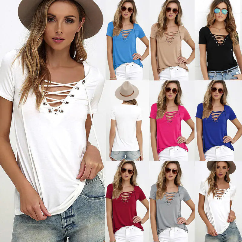 Style Loft Collection Afternoon Safari V-Neck Solid Color Tie T-Shirt