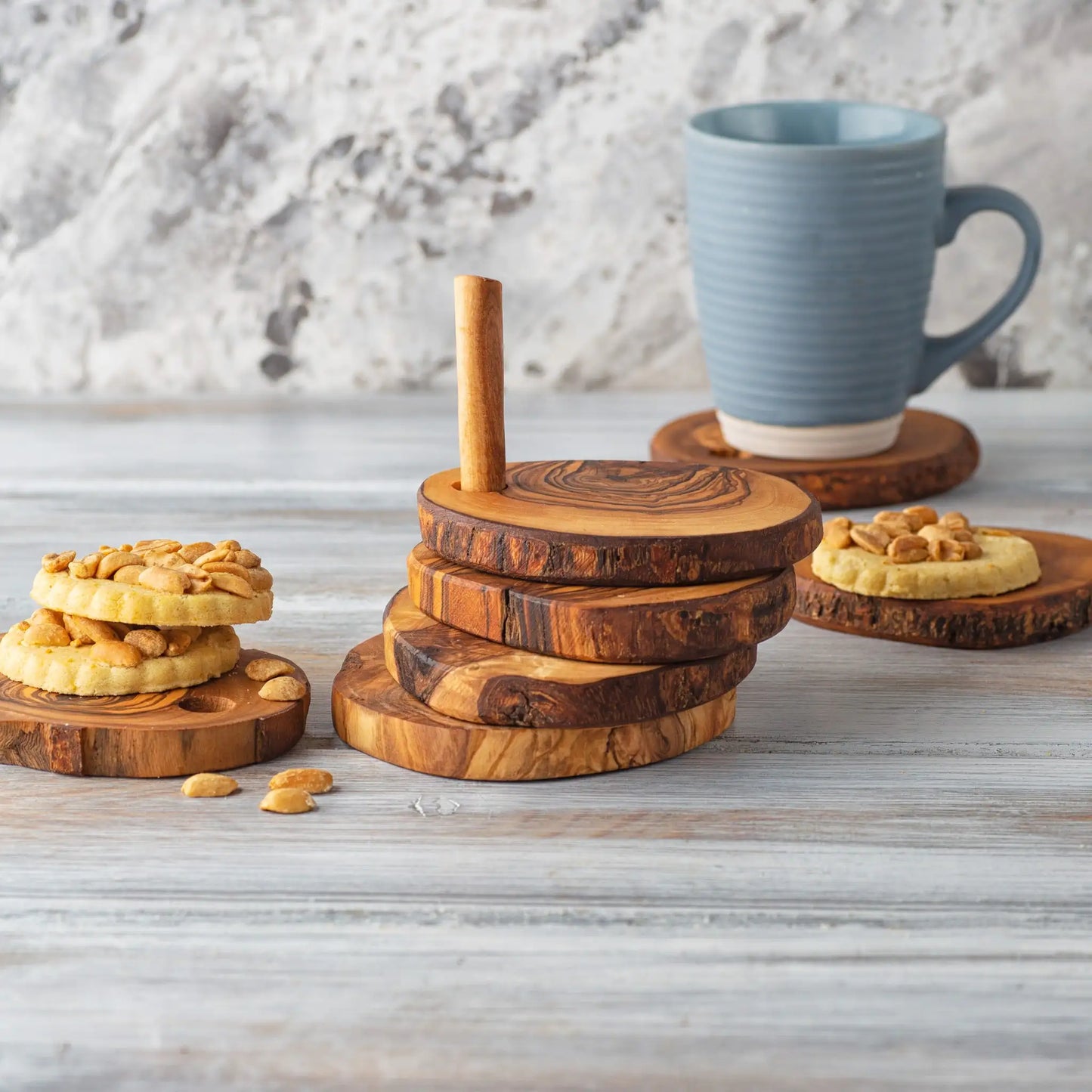 Style Loft Collection 7 Piece Olive Wood Coaster Set with Holder