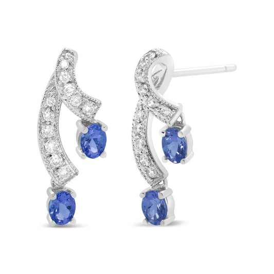 Style Loft Collection 14K White Gold 4x3MM Oval Shaped Natural Blue Tanzanite Gemstone and 1/5 Ctw Diamond Double 3/4" Inch Drop Stud Earrings (H-I Color, VS1-VS2 Clarity)