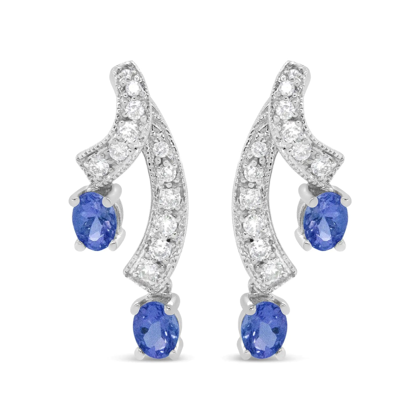 Style Loft Collection 14K White Gold 4x3MM Oval Shaped Natural Blue Tanzanite Gemstone and 1/5 Ctw Diamond Double 3/4" Inch Drop Stud Earrings (H-I Color, VS1-VS2 Clarity)