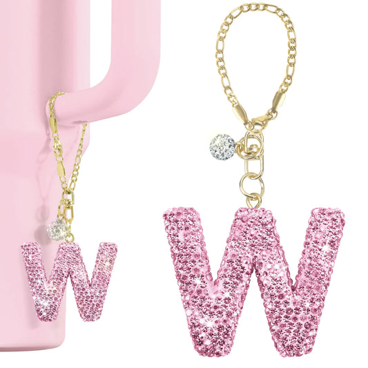 Style Loft Collection Glitter Letter Charms Accessories for Stanley Cup Water Bottle Charms for HydroJug Traveler & Stanley Tumbler with Handle Cute Initial Name with Pink Letter for Stanley Cup Accessories (W)