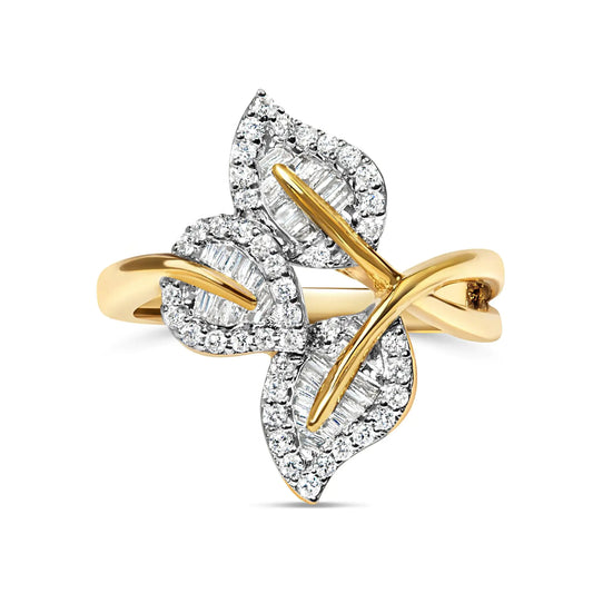 Style Loft Collection Bypass Triple Leaf 18K Yellow Gold Plated .925 Sterling Silver 1/2 Ctw Baguette and Round Diamond Ring (I-J Color, I1-I2 Clarity)