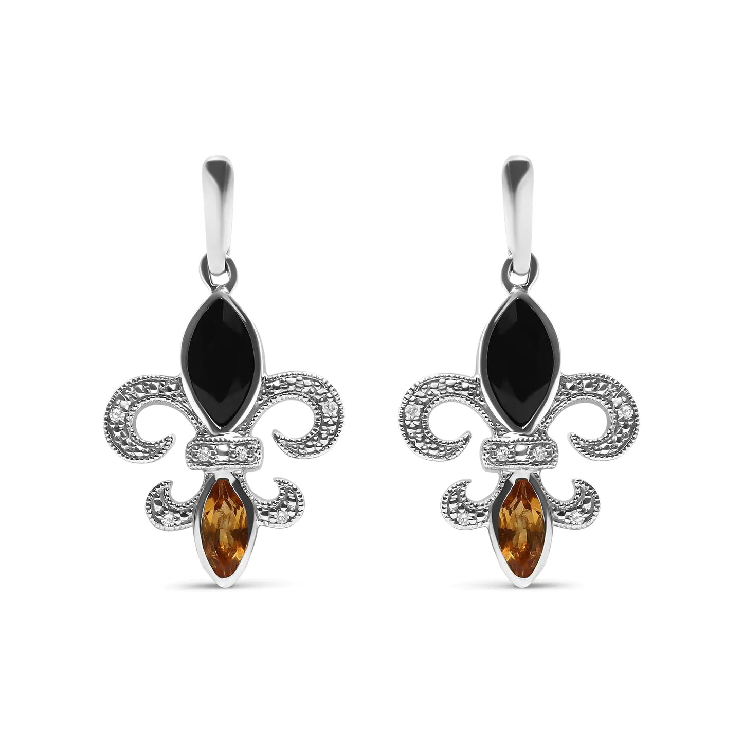 Style Loft Collection Fleur De Lis .925 Sterling Silver Marquise Cut Onyx and Citrine with Diamond Accent Drop Stud Earrings (H-I Color, SI1-SI2 Clarity)