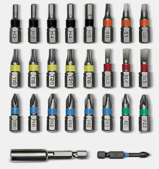 Set of various screwdriver bits arranged in a grid on a white background