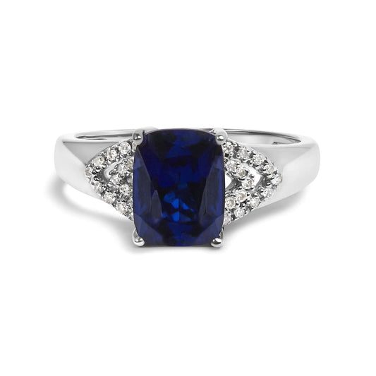 Style Loft Collection Blue Sapphire and White Diamond .925 Sterling Silver 9X7 mm Cushion Cut Step up Engagement Ring (I-J Color, I3 Clarity)