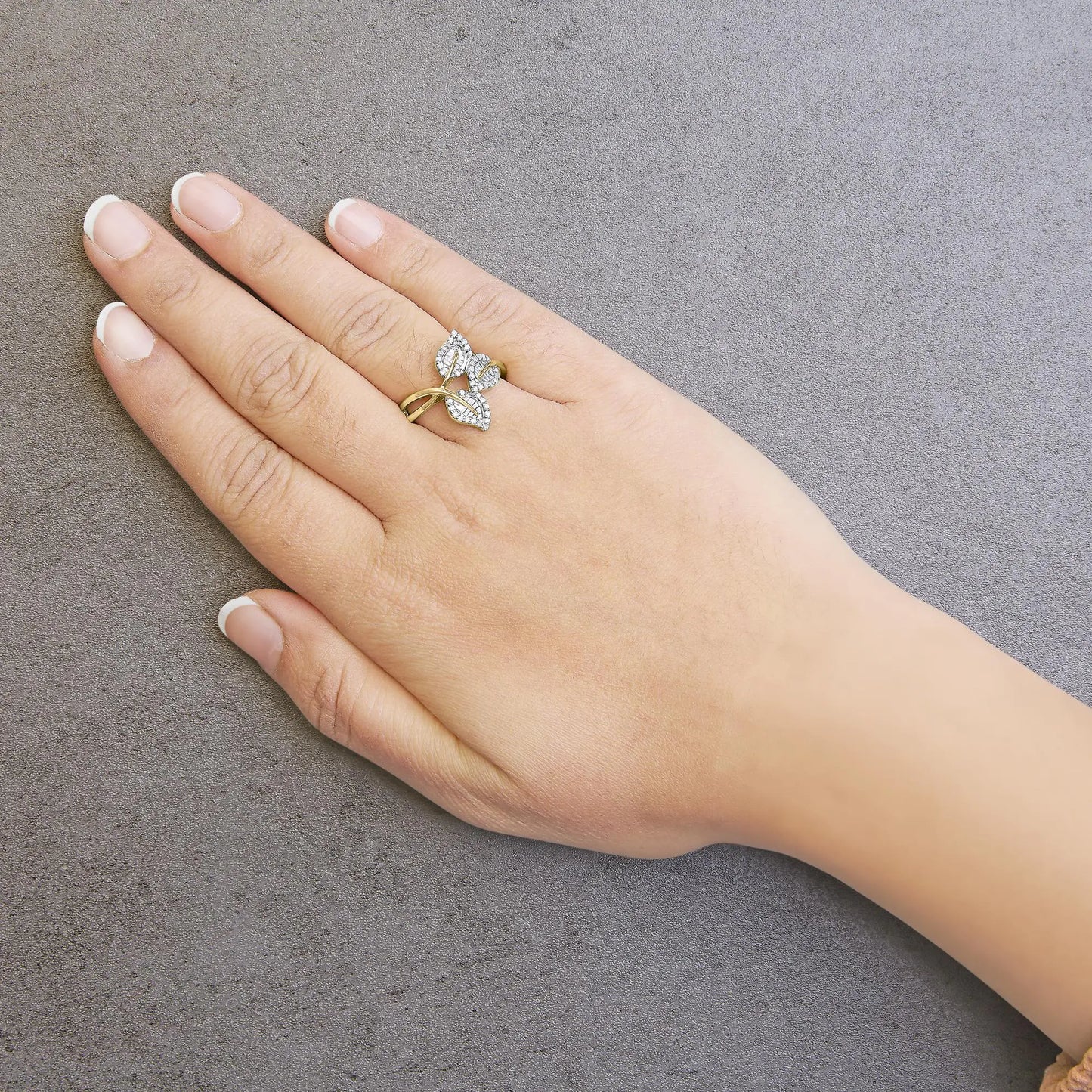 Style Loft Collection Bypass Triple Leaf 18K Yellow Gold Plated .925 Sterling Silver 1/2 Ctw Baguette and Round Diamond Ring (I-J Color, I1-I2 Clarity)
