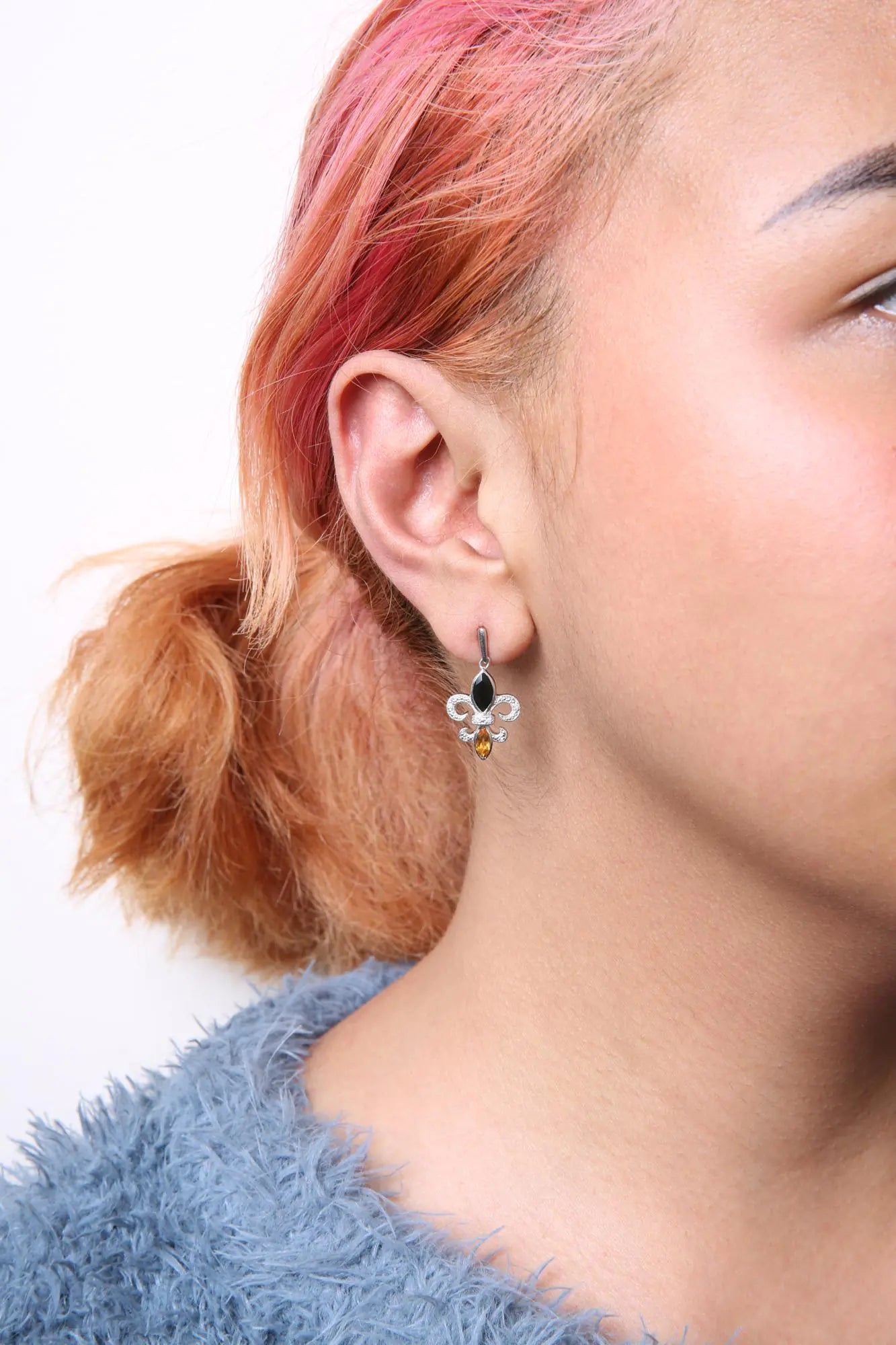 Style Loft Collection Fleur De Lis .925 Sterling Silver Marquise Cut Onyx and Citrine with Diamond Accent Drop Stud Earrings (H-I Color, SI1-SI2 Clarity)