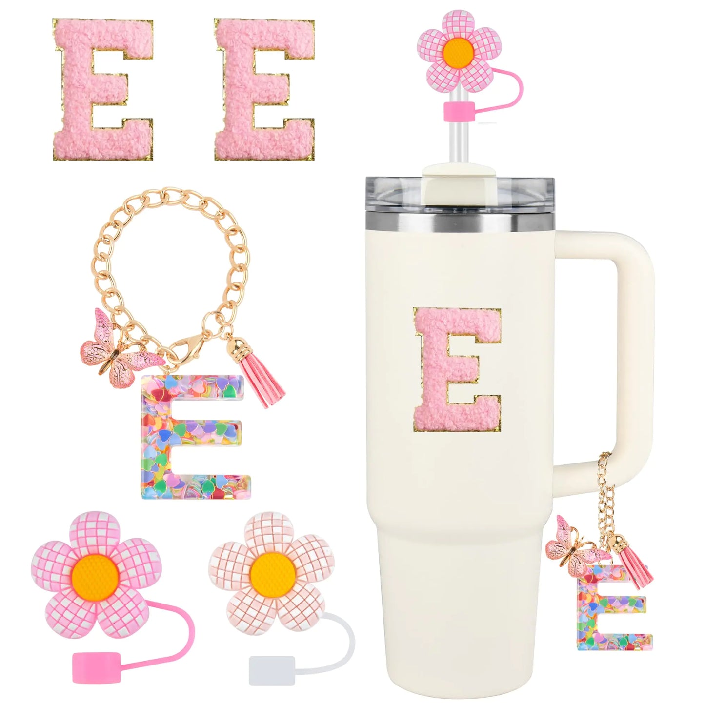 Style Loft Collection Stanley Cup Accessories 5PCS Tumbler Initials Decorations for Stanley Straw Toppers for Stanley Cup Straw Cover Cap Cute Letter Charms for Stanley 40 oz 30 oz Tumbler Sticker (E)