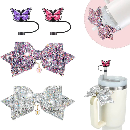 Style Loft Collection Stanley Charms Accessories Christmas Gifts 2 Set Straw Cover Letter Charms and Handle Bow for Stanley Tumbler Cup Decorations with Initial Name ID for Stanley Simple Modern (T)