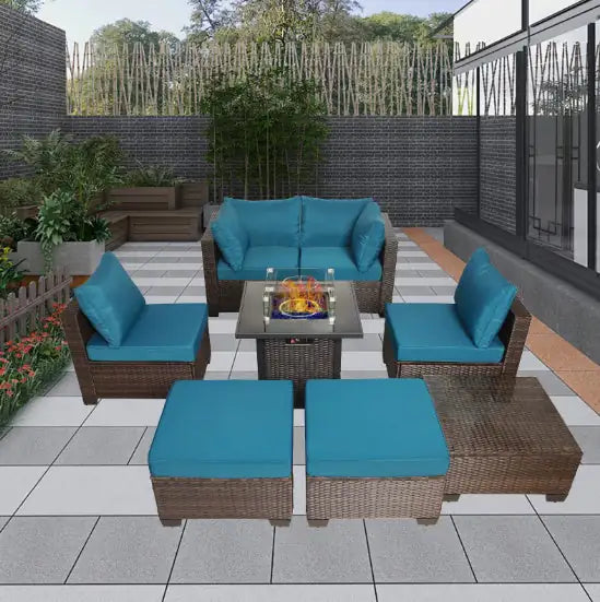 Style Loft Collection All-Weather 8-Piece Wicker Rattan Patio and Fireplace