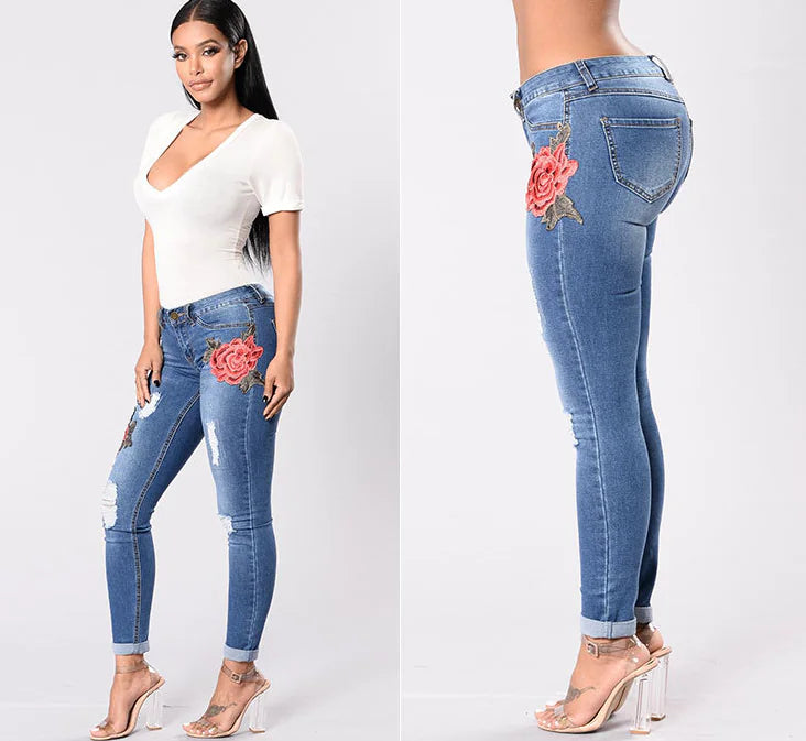 Style Loft Collection Floral Blossoms Embroidered Stretch Denim Pants