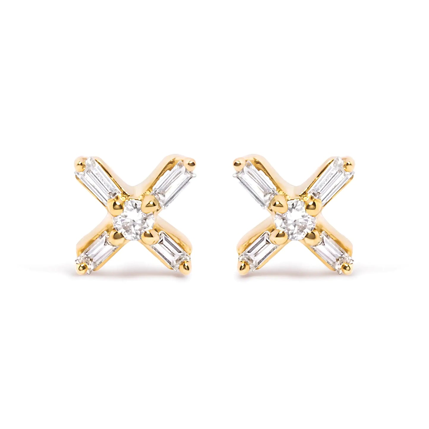 Style Loft Collection 10K Yellow Gold 1/10 Ctw Round and Baguette Diamond Criss Cross X Stud Earring (H-I Color, I1-I2 Clarity)