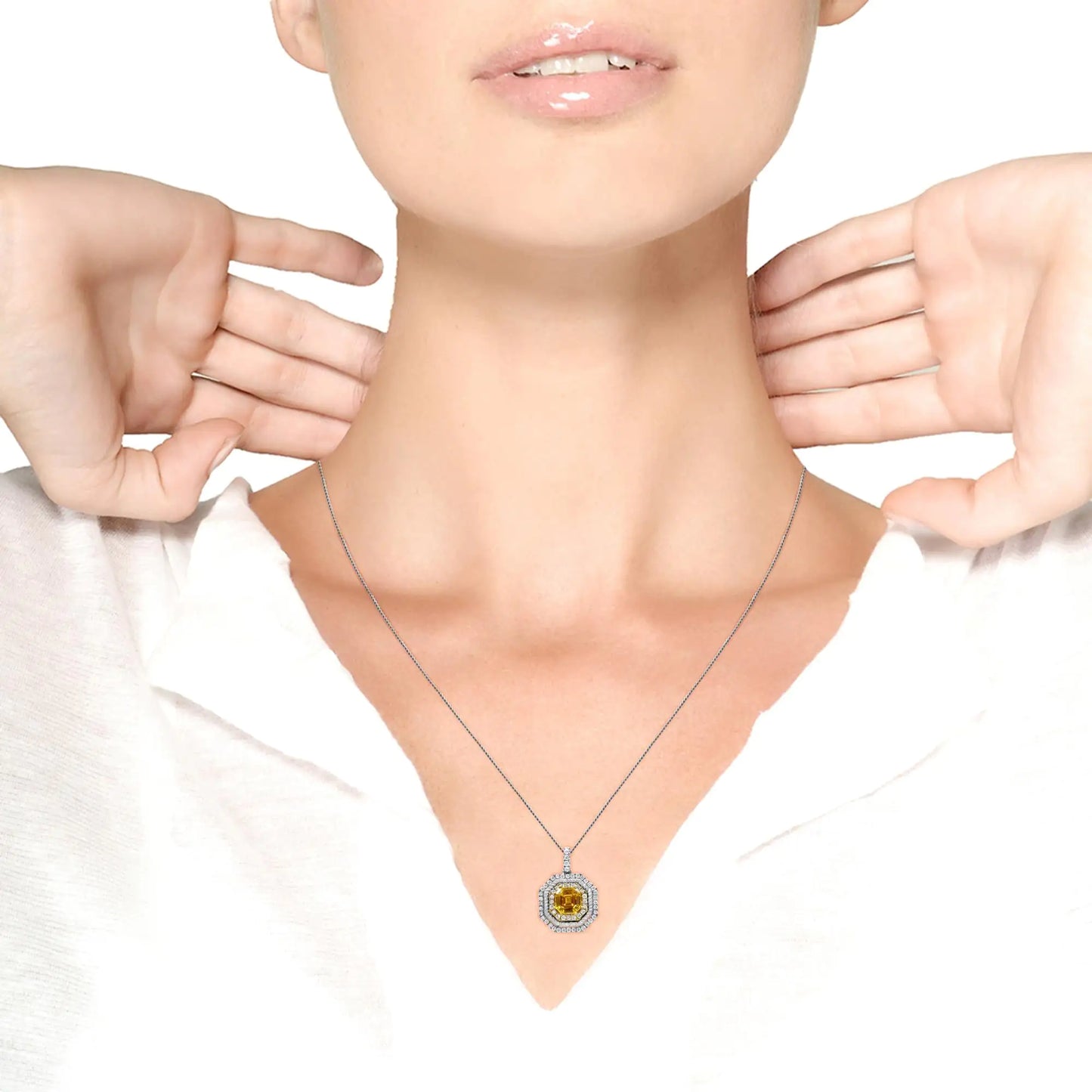 (.07) Style Loft Collection 18K White and Yellow Gold 2 1/4 Ctw Lab Grown Yellow Asscher Cut Diamond Art Deco Style Halo 18" Pendant Necklace (Yellow/G-H Color, VS1-VS2 Clarity)