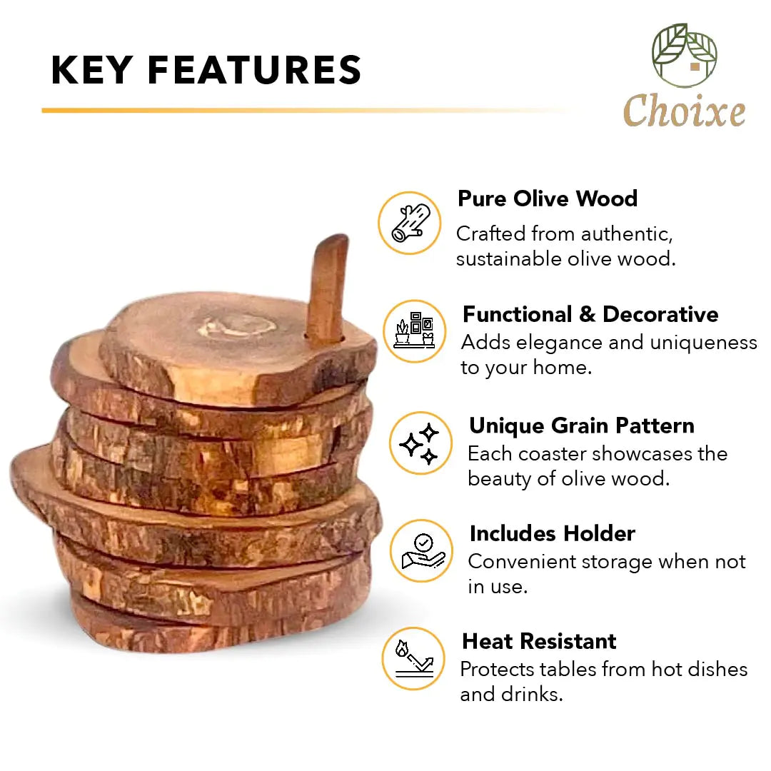 Style Loft Collection 7 Piece Olive Wood Coaster Set with Holder