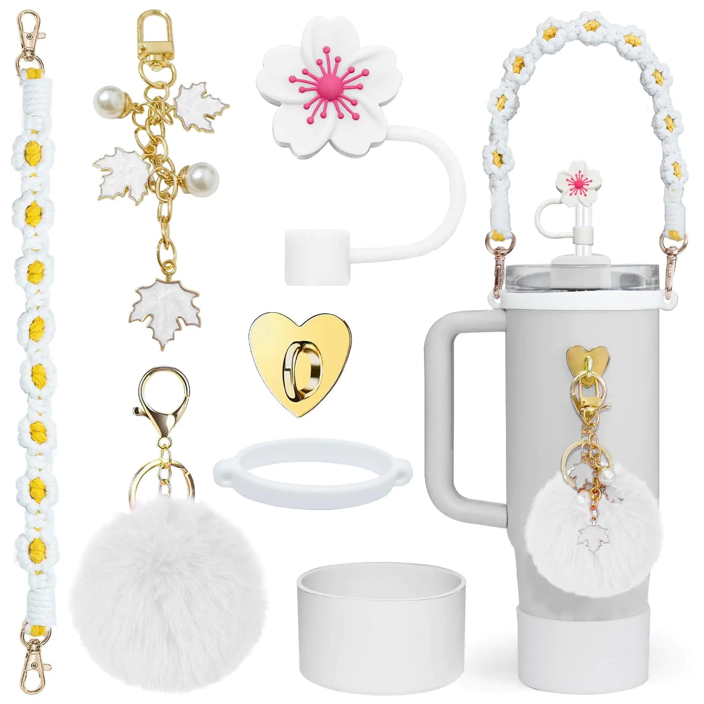 Style Loft Collection Stanley Cup Accessories Set-Woven Water Bottle Handle Strap Siliocne Stanley Cup Boot Stanley Charms for Stanley Cup 40oz Tumbler,Straw Cover Cap(White)