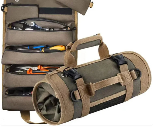 Light green tool roll with tools and accessories on a white background