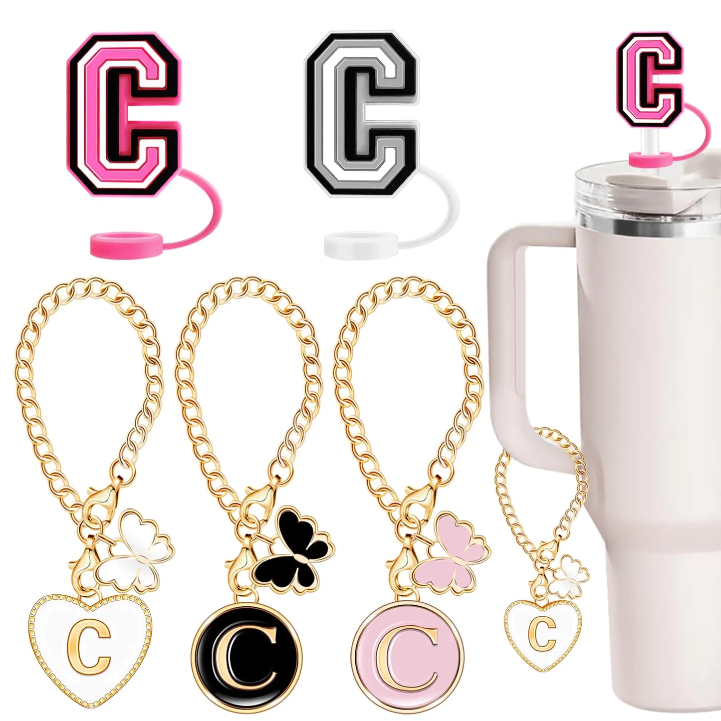 Style Loft Collection Compatible with Stanley Cup Accessories 2PCS 0.4"/10mm Straw Cover Cap for Stanley Cup 30&40 Oz 3PCS Butterfly Letter Charms for Stanley Cups Straw Toppers for Stanley Tumbler(Letter C)
