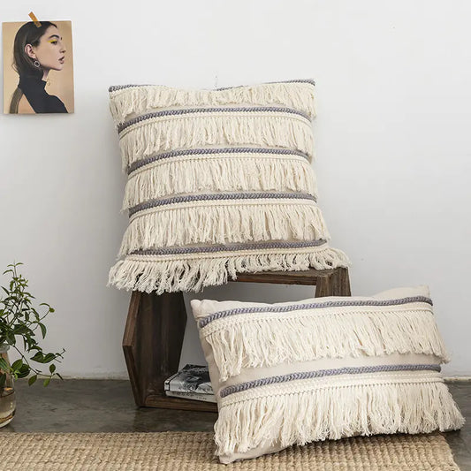 Style Loft Collection Cushioned Cotton Hemp and Tassels Pillow
