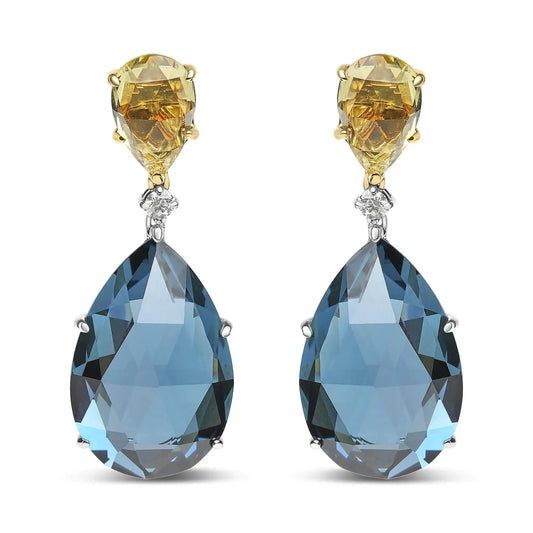 Style Loft Collection 18K White and Yellow Gold 1/5 Ctw Diamond with Pear Cut Lemon Quartz and Pear Cut London Blue Topaz Gemstone Dangle Earring (G-H Color, SI1-SI2 Clarity)