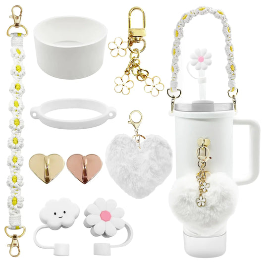 Style Loft Collection Stanley Tumbler Cup Accessories Set for 20oz 30oz 40oz With Stanley Siliocne Straw Cover,Water Bottle Handle Strap,Stanley Charms,Tumbler Siliocne Cup Boot (White)