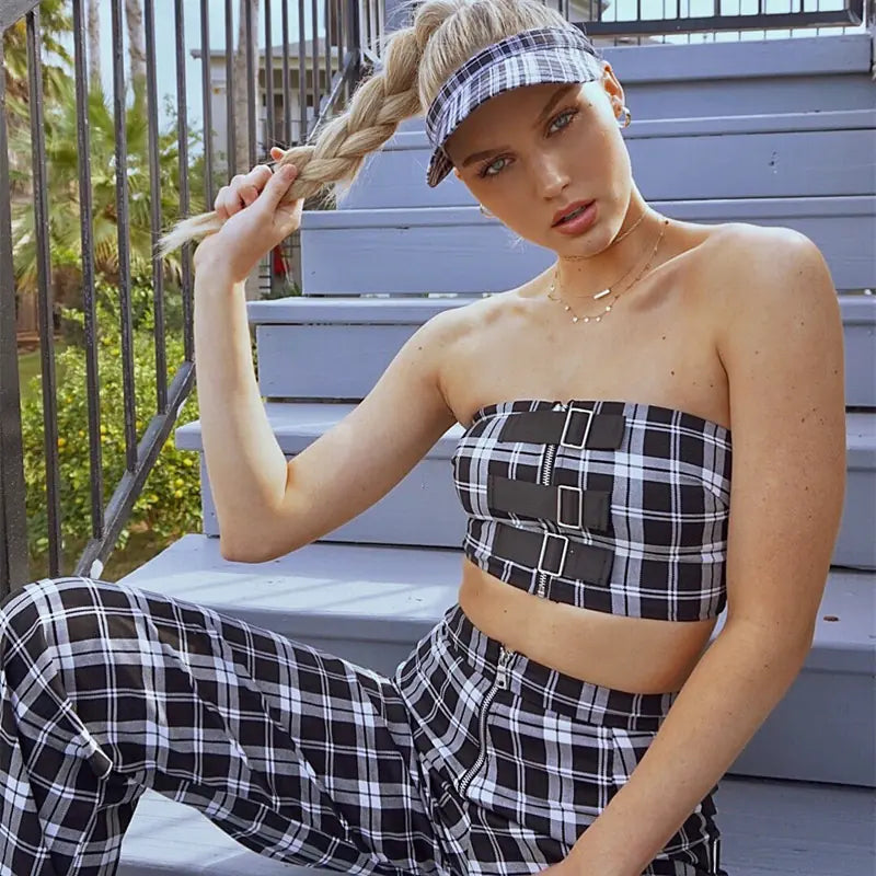 Style Loft Collection Country Club Golf and Tennis Plaid Crop Top and Pants Set