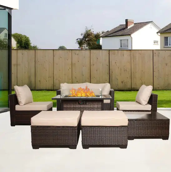 Style Loft Collection All-Weather 8-Piece Wicker Rattan Patio and Fireplace
