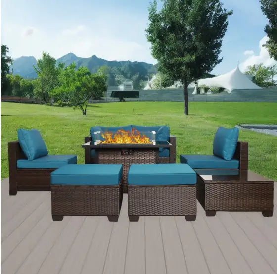 Style Loft Collection All-Weather 8-Piece Wicker Rattan Patio and Fireplace