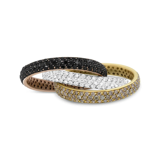 Style Loft Collection Interlocking Stackable 18K Tri-Color Gold 3 5/8 Ctw Diamond Band Ring Set (Champagne, Black, and F-G Color, VS1-VS2 Clarity)