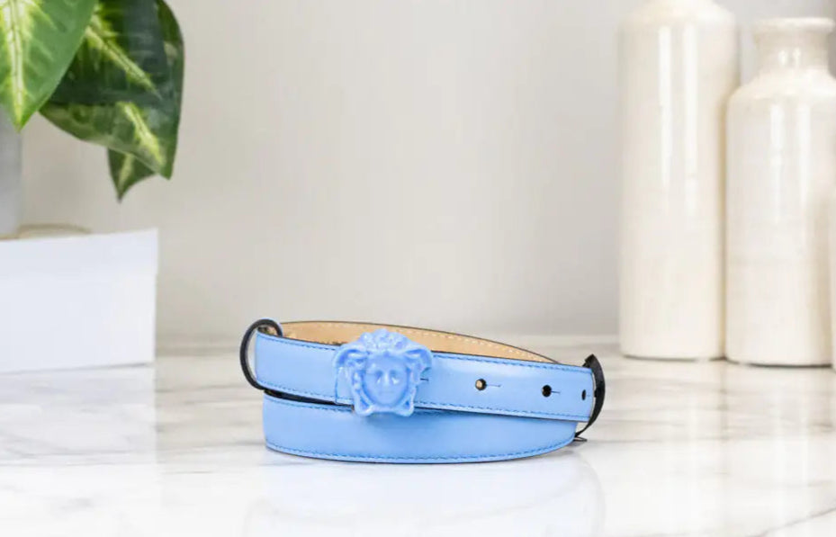 Style Loft Collection x Versace DV Blue Leather Slim 20mm Adjustable Medusa Belt