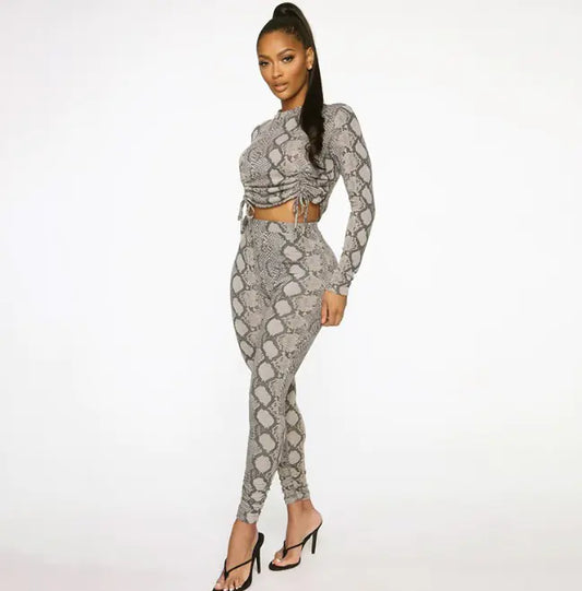Style Loft Collection Diamondback Snakeskin Drawstring Crop Top and Pants Set