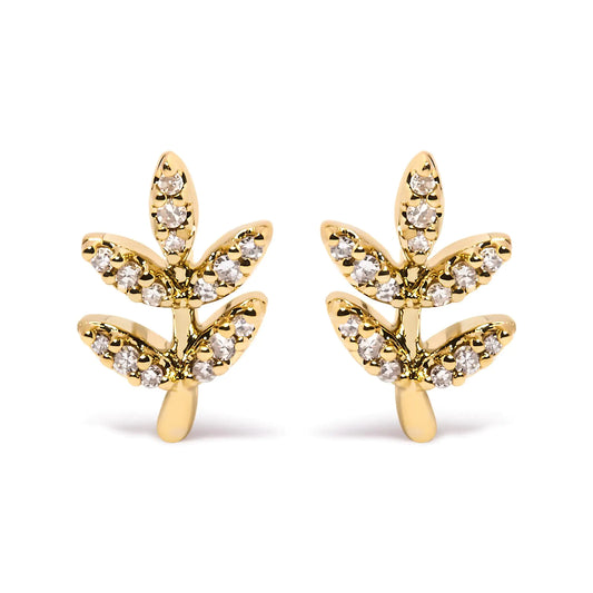Style Loft Collection Leaf and Branch 10K Yellow Gold 1/10 Ctw Diamond Accented Stud Earrings (H-I Color, I1-I2 Clarity)