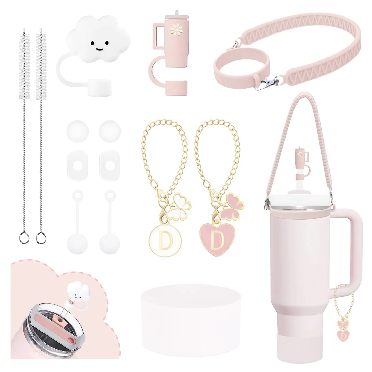 Style Loft Collection 10Pcs Stanley Cup Accessories 9-10mm Stanley Straw Cover Topper Silicone Boot For Stanley Cup Initial Letter Charm Leak Proof Seal Kit Stanley 2.0 30&40oz (Rose QuartzD)