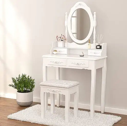 Style Loft Collection Elegant Vanity Table Set with Oval Mirror and Stool