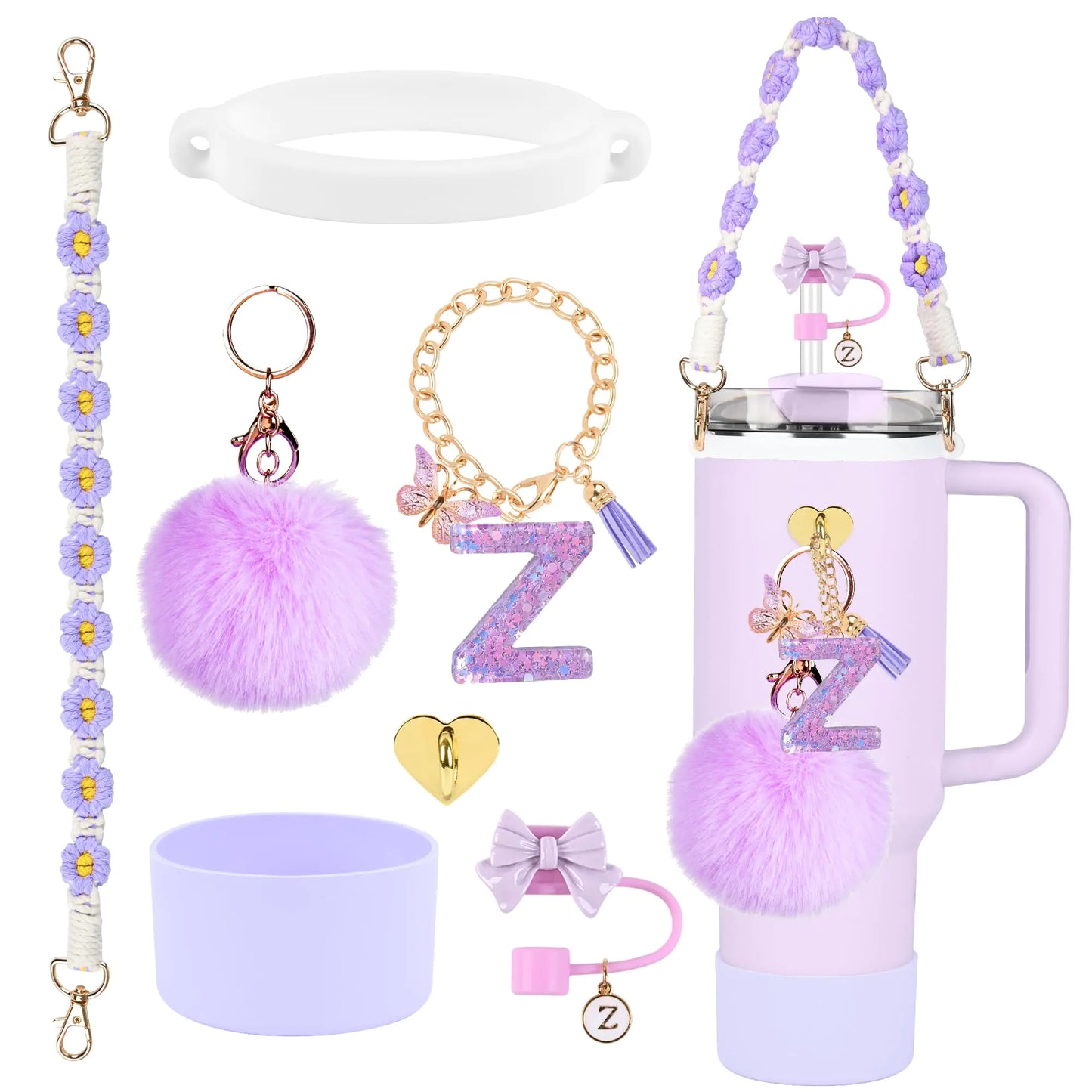 Style Loft Collection Stanley Cup Accessories Set 10mm Stanley Straw Topper Siliocne Stanley Cup Boot Water Bottle Handle Strap Stanley Letter Charms for Stanley Cup 40oz 30oz Tumbler (Z)