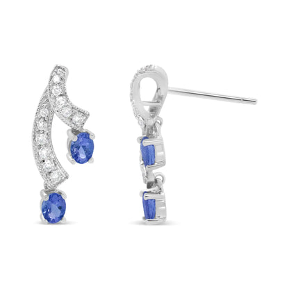 Style Loft Collection 14K White Gold 4x3MM Oval Shaped Natural Blue Tanzanite Gemstone and 1/5 Ctw Diamond Double 3/4" Inch Drop Stud Earrings (H-I Color, VS1-VS2 Clarity)