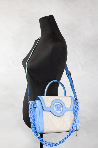 Style Loft Collection x Versace La Medusa Blue Leather Canvas Satchel Tote