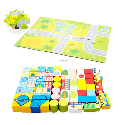 Style Loft Collection KidStyle 62-Piece City Traffic Wooden Building Blocks Set