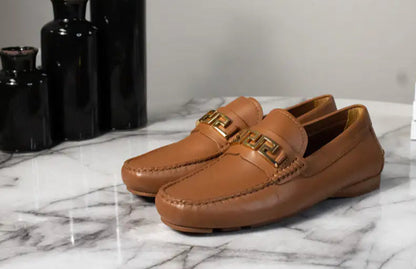Style Loft Collection x Versace Brown Leather Gold Greek Key Loafers