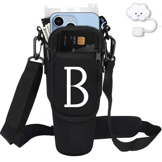 Style Loft Collection Water Bottle Carrier with Strap for Stanley 40 oz TumblerPersonalized Initial ID Name Stanley Bag with Phone Pocket Adjustable Strap Stanley Cup Accessories (B Black)