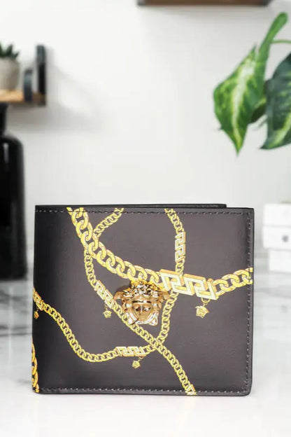Style Loft Collection x Versace Black Leather Gold Medusa Chain Logo Bifold Wallet