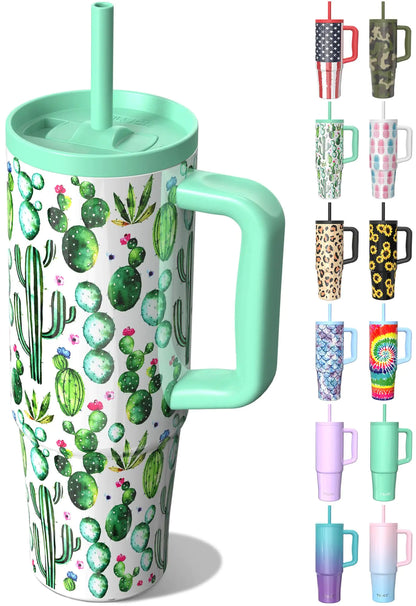 Style Loft Collection 30 oz Tumbler with Handle and Straw Lid Leak-Proof Cupholder Friendly Travel Mug Stainless Steel Double Wall Vacuum Insulated Tumbler for Water Iced Coffee or Tea (Cactus)
