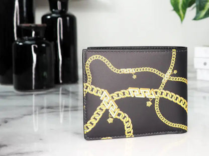 Style Loft Collection x Versace Black Leather Gold Medusa Chain Logo Bifold Wallet