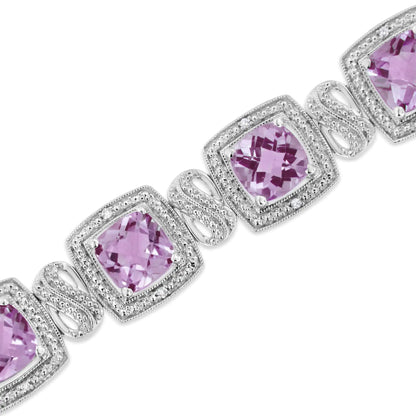 (.08) Style Loft Collection .925 Sterling Silver 7x7 mm Cushion Cut Purple Amethyst and 1/10 ctw Round Cut Diamond Square Shape Tennis Bracelet (I-J Color, I1-I2 Clarity) - 7"