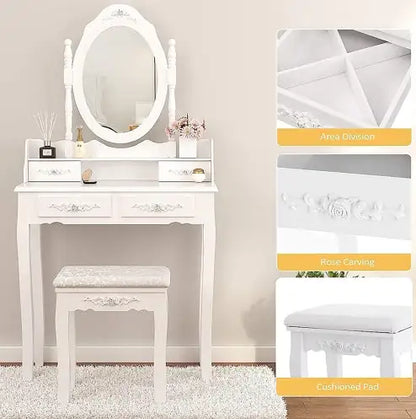 Style Loft Collection Elegant Vanity Table Set with Oval Mirror and Stool