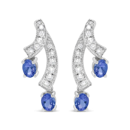 Style Loft Collection 14K White Gold 4x3MM Oval Shaped Natural Blue Tanzanite Gemstone and 1/5 Ctw Diamond Double 3/4" Inch Drop Stud Earrings (H-I Color, VS1-VS2 Clarity)