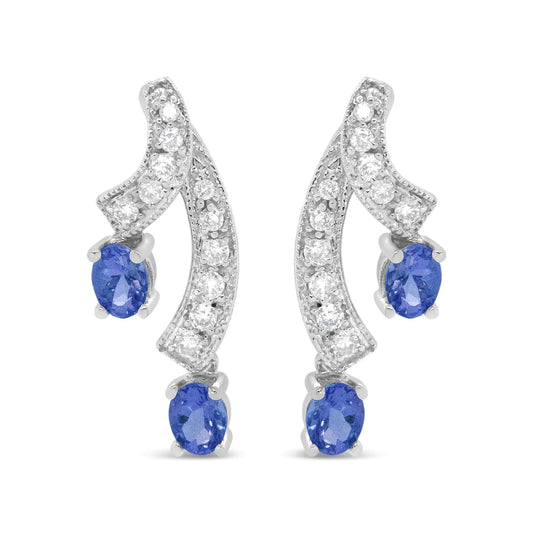 Style Loft Collection 14K White Gold 4x3MM Oval Shaped Natural Blue Tanzanite Gemstone and 1/5 Ctw Diamond Double 3/4" Inch Drop Stud Earrings (H-I Color, VS1-VS2 Clarity)