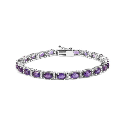 Style Loft Collection .925 Sterling Silver 9 1/2 Ctw Alternating Oval Amethyst and White Diamond Accent Link Tennis Bracelet (I-J Color, I3 Clarity) - 7.25" Inches