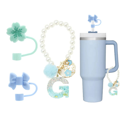 Style Loft Collection 4Pcs cute blue straw toppers for stanley cups Letter Charm Accessories for Stanley CupName ID Initial Letter for Stanley 30&40 oz Tumbler with Handlepersonalized tumbler accessories (G)