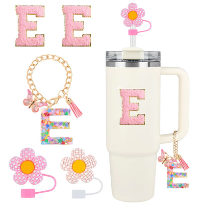 Style Loft Collection Stanley Cup Accessories 5PCS Tumbler Initials Decorations for Stanley Straw Toppers for Stanley Cup Straw Cover Cap Cute Letter Charms for Stanley 40 oz 30 oz Tumbler Sticker (E)